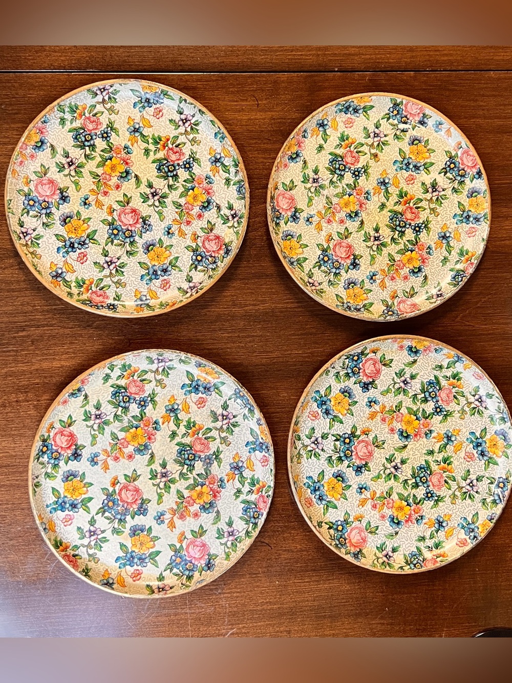 Vtg Highmount Japan Chintz Floral 7” Plates Set 4 MCM Alcohol Proof Cottagecore